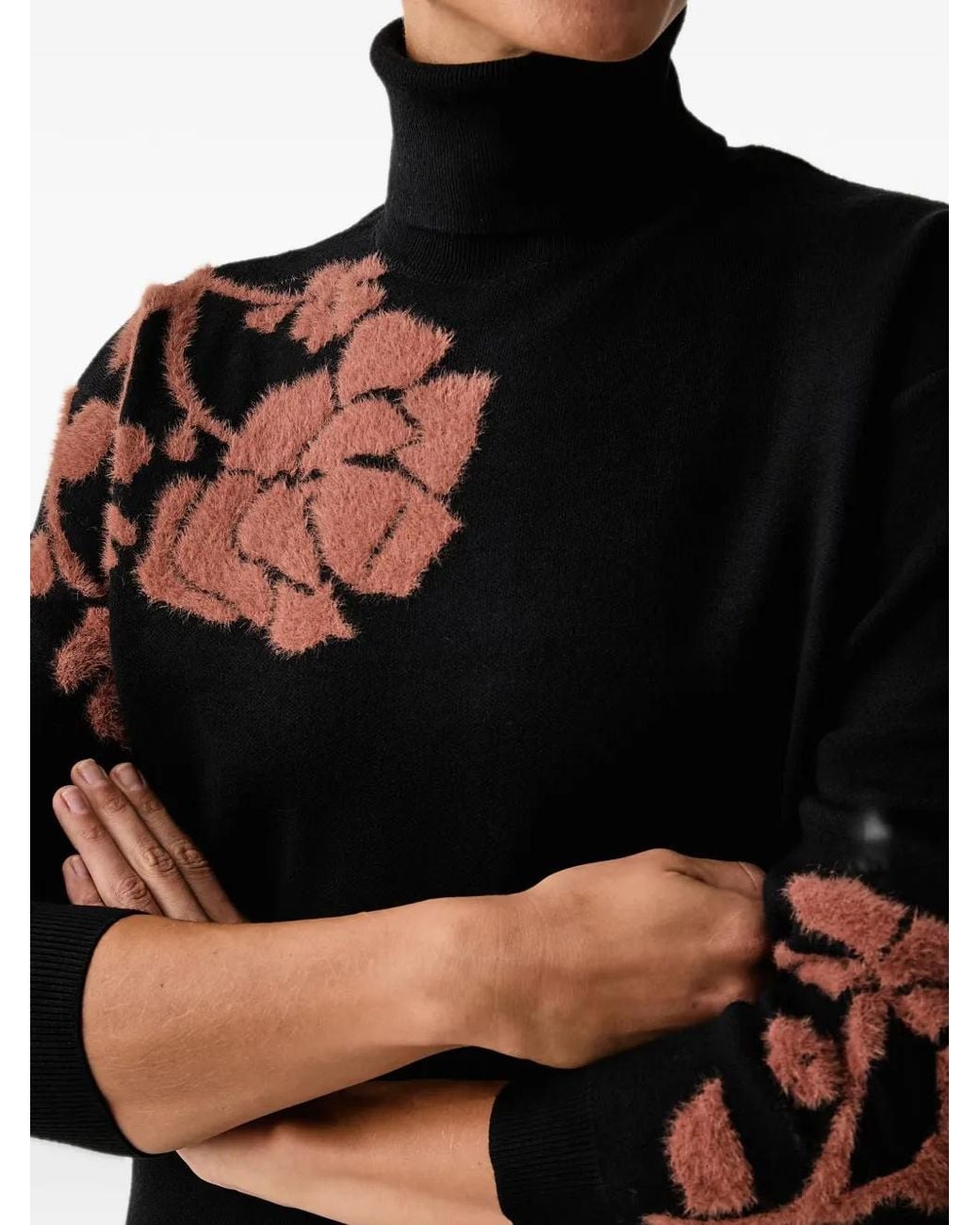 Fracomina Black Floral-Intarsia Roll-Neck Sweater