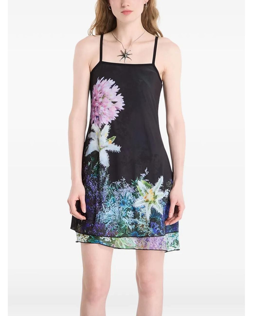 Desigual Blue Reversible Floral-Print Layered Mini Dress