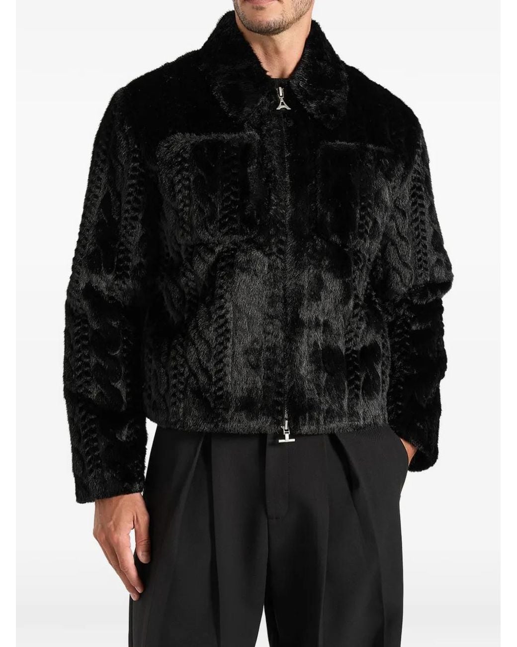 Manière De Voir Black David Plush Cable Embossed Jacket for men