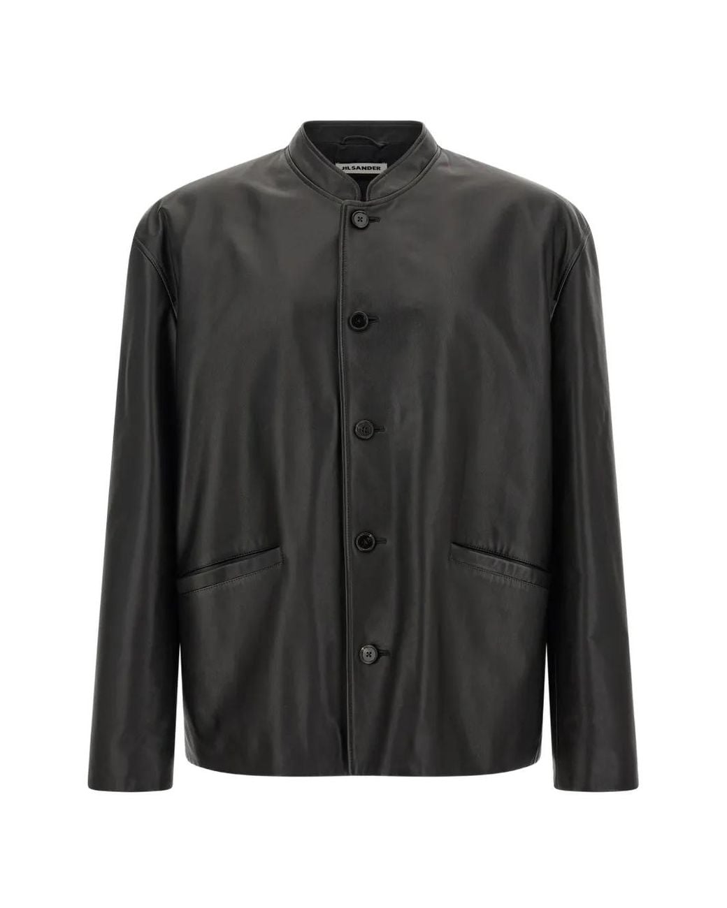 Jil Sander Black Leather Mandarin-Collar Jacket for men