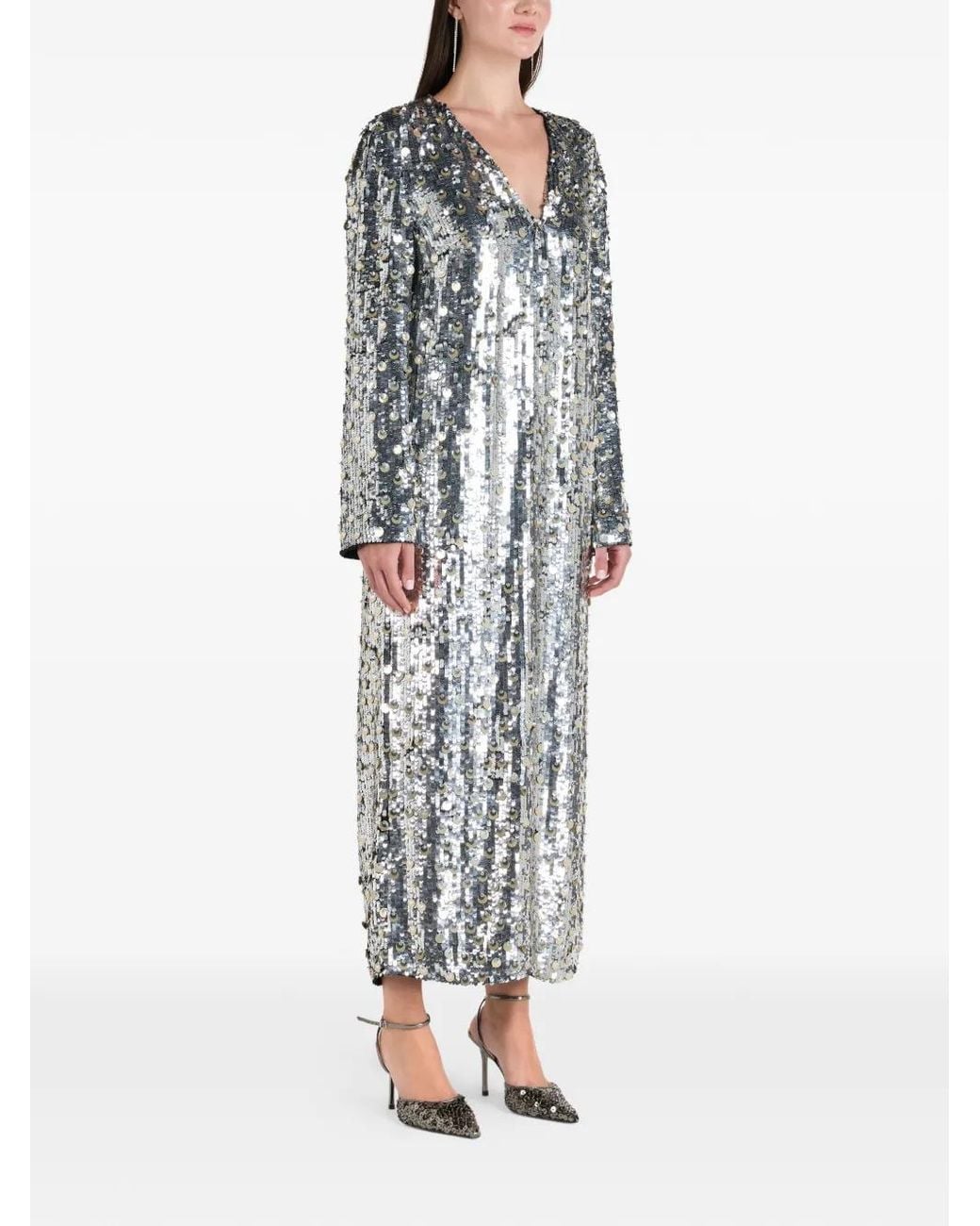 ilta White Blaise Sequin V-Neck Maxi Dress