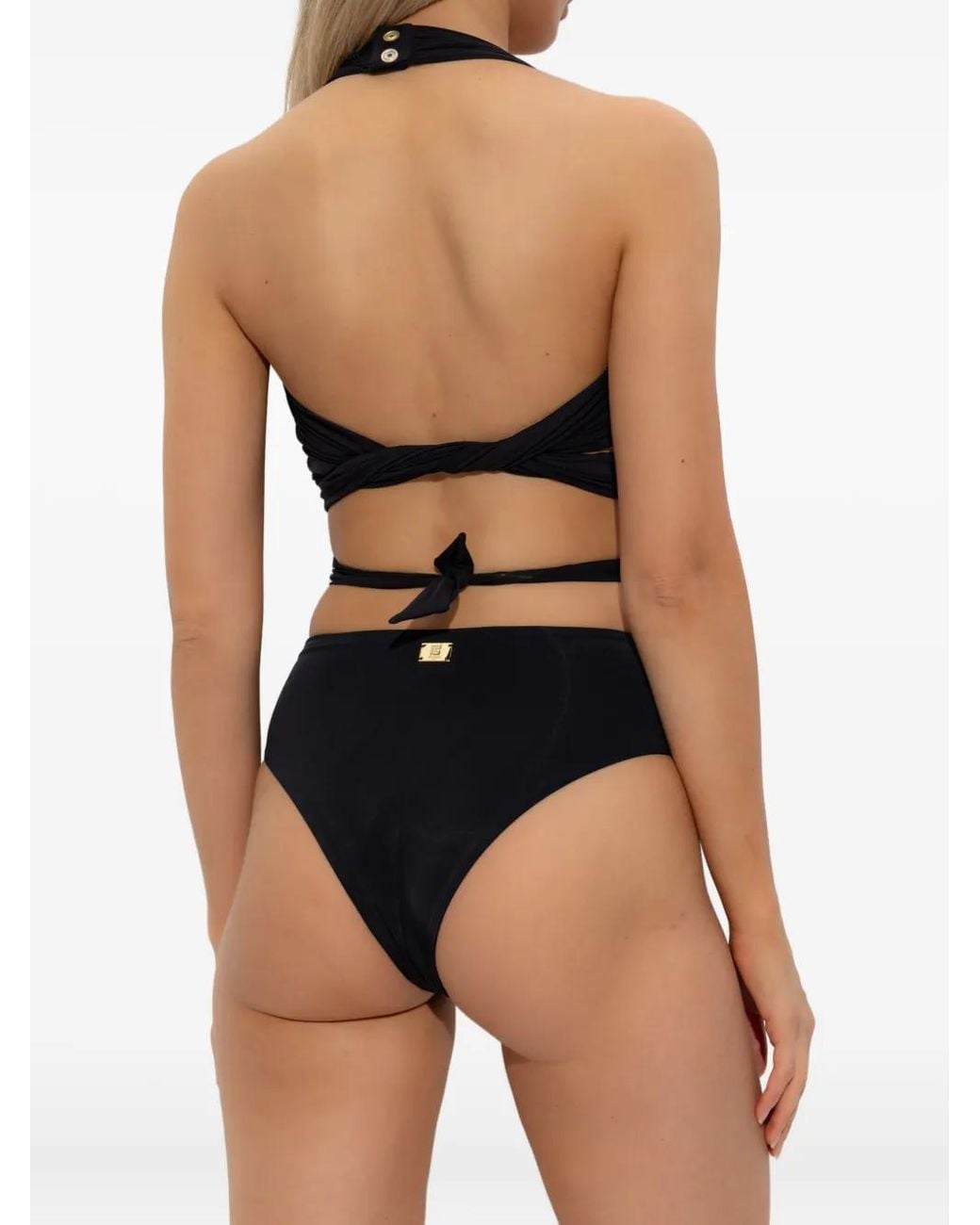 Balmain Black Wrap-Effect Halter-Neck Bikini