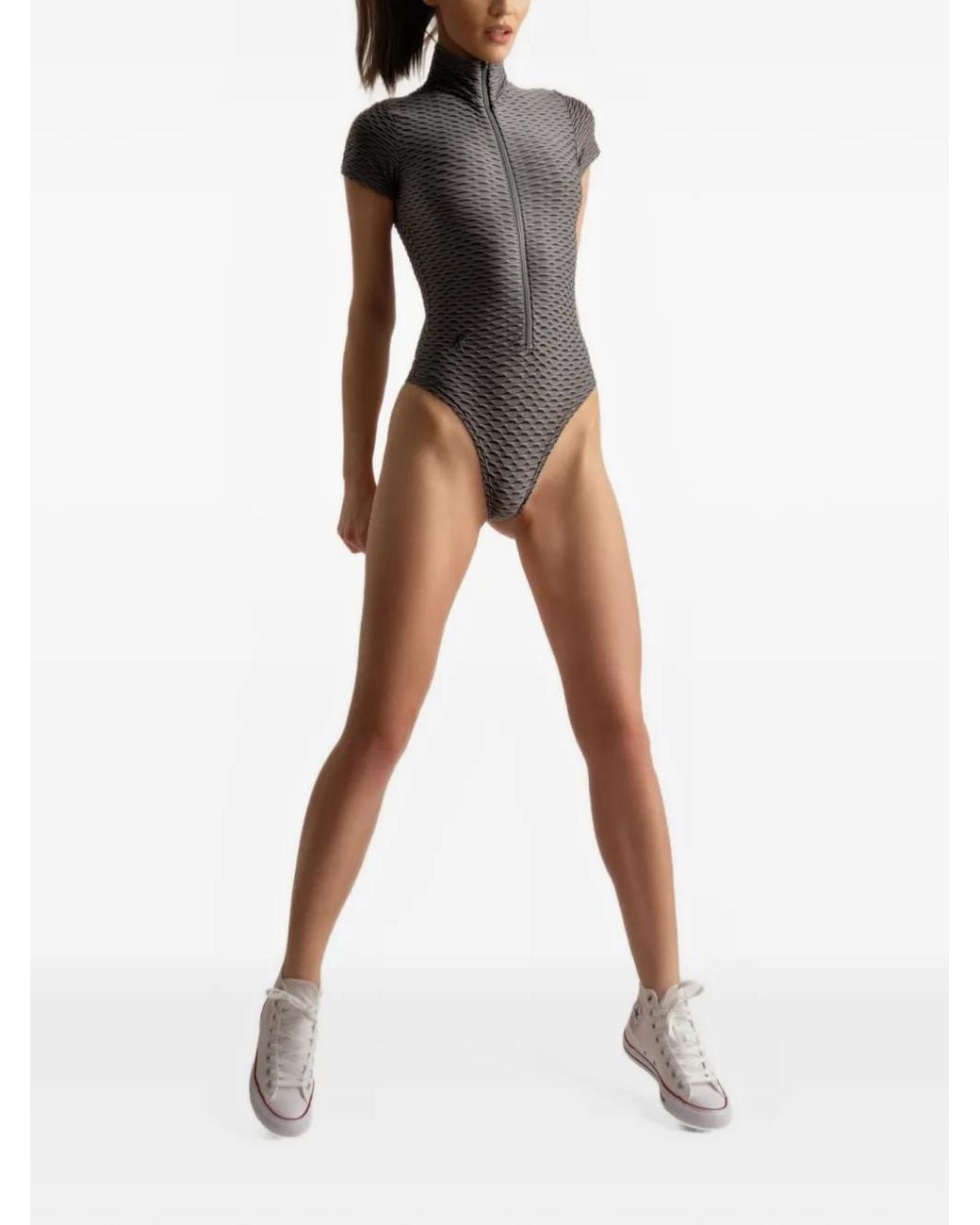 Tessitura Body Couture Gray 3D-Textured Zip-Up Bodysuit