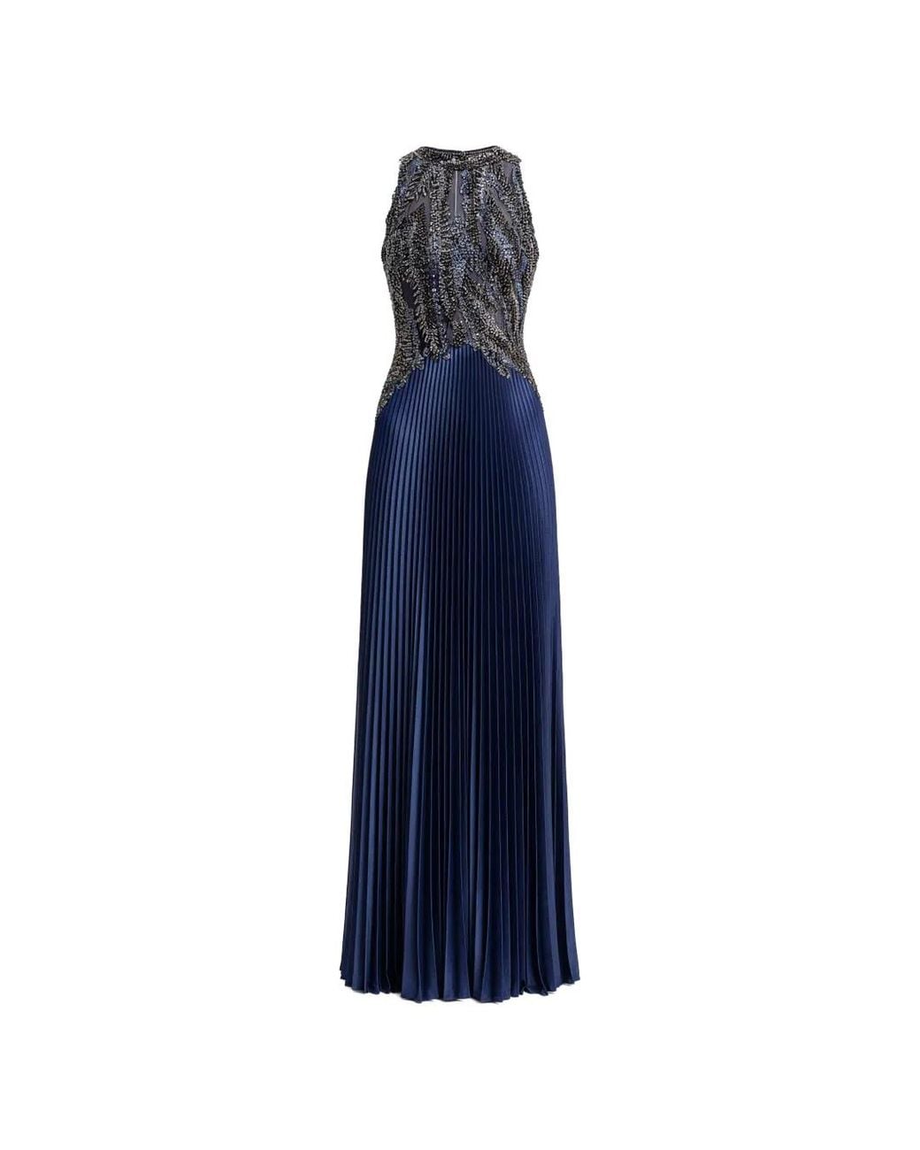 Gemy Maalouf Blue Plissé Embellished Gown