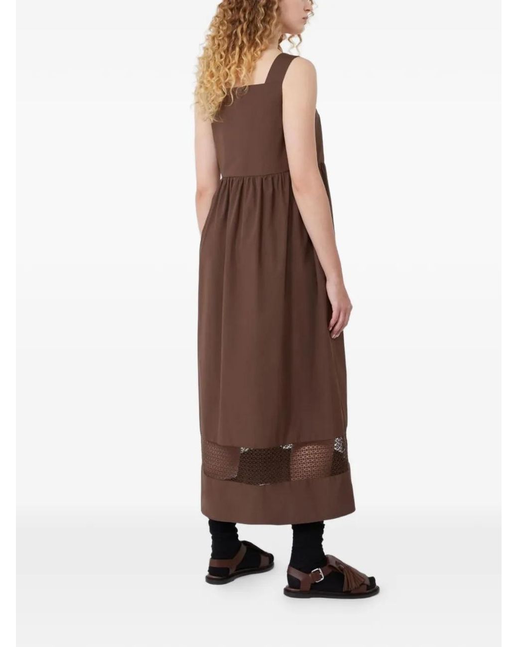 Weekend by Maxmara Brown Square-Neck Lace-Panel Midi Cotton Dress