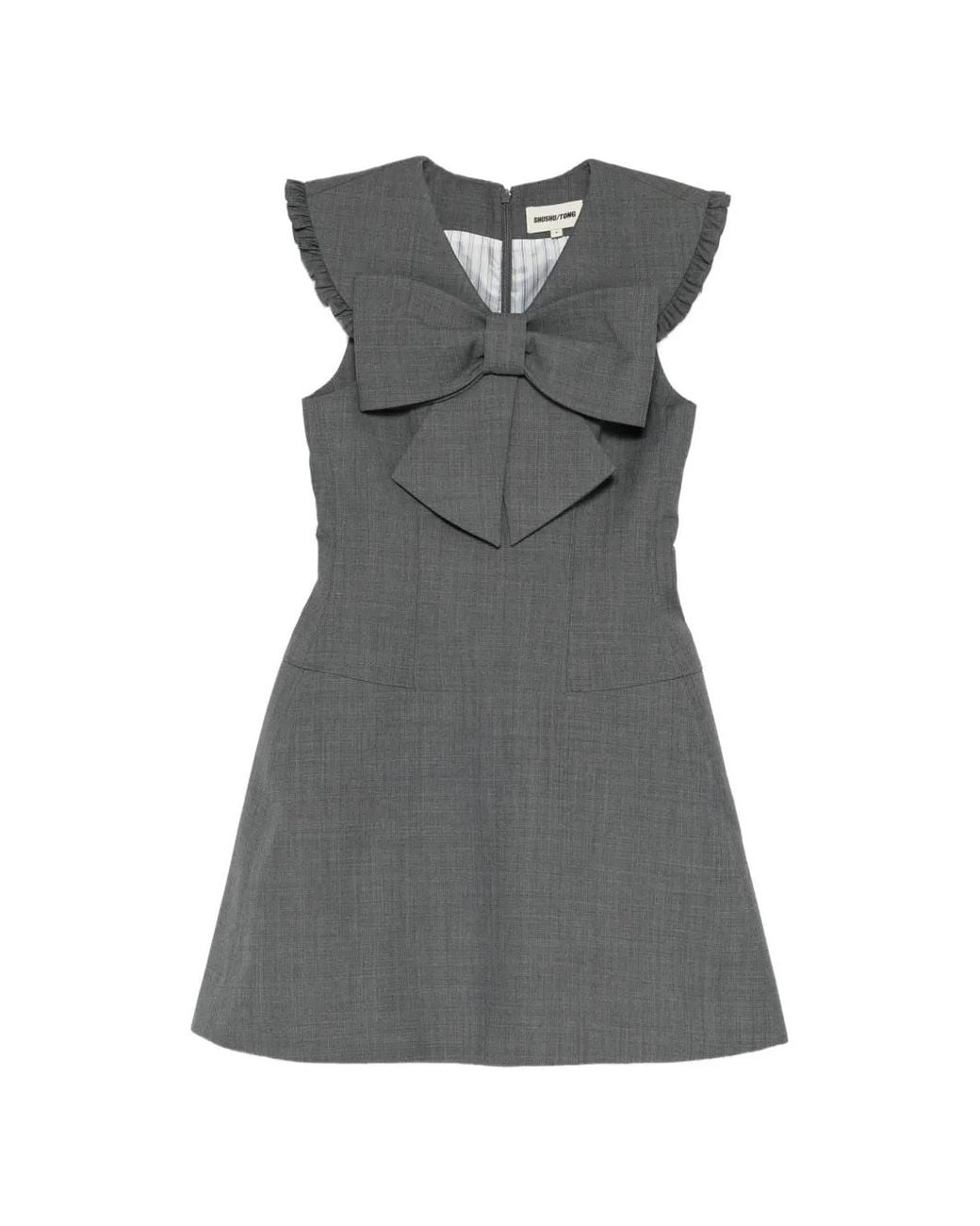 ShuShu/Tong Gray Bow-Detail Ruffled-Shoulder Dress