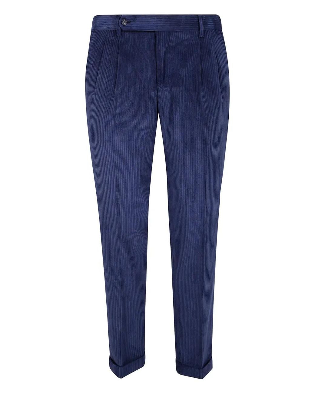 Barba Napoli Blue Pleated Corduroy Trousers for men