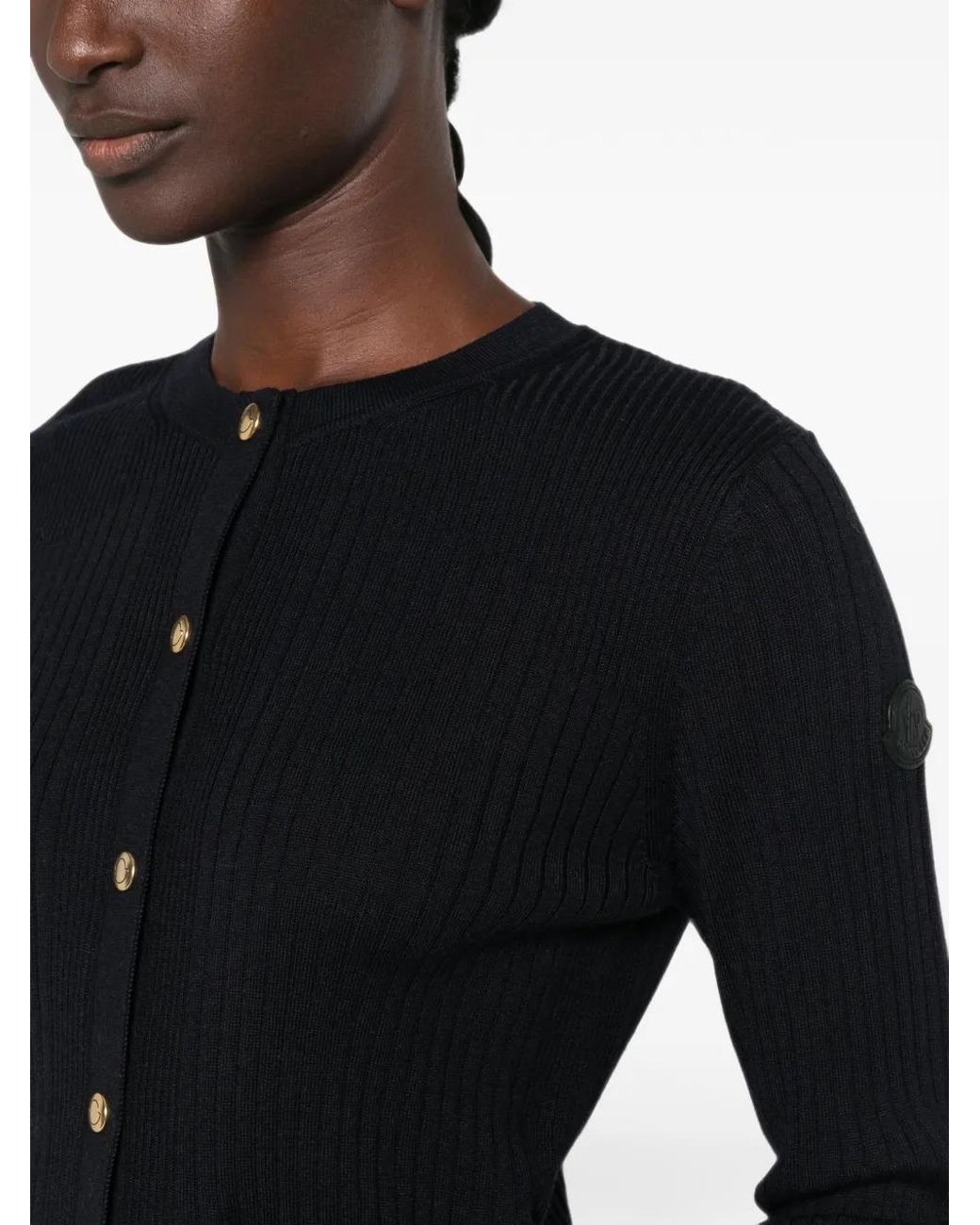 Moncler Black Cardigan Nervuré À Patch Logo