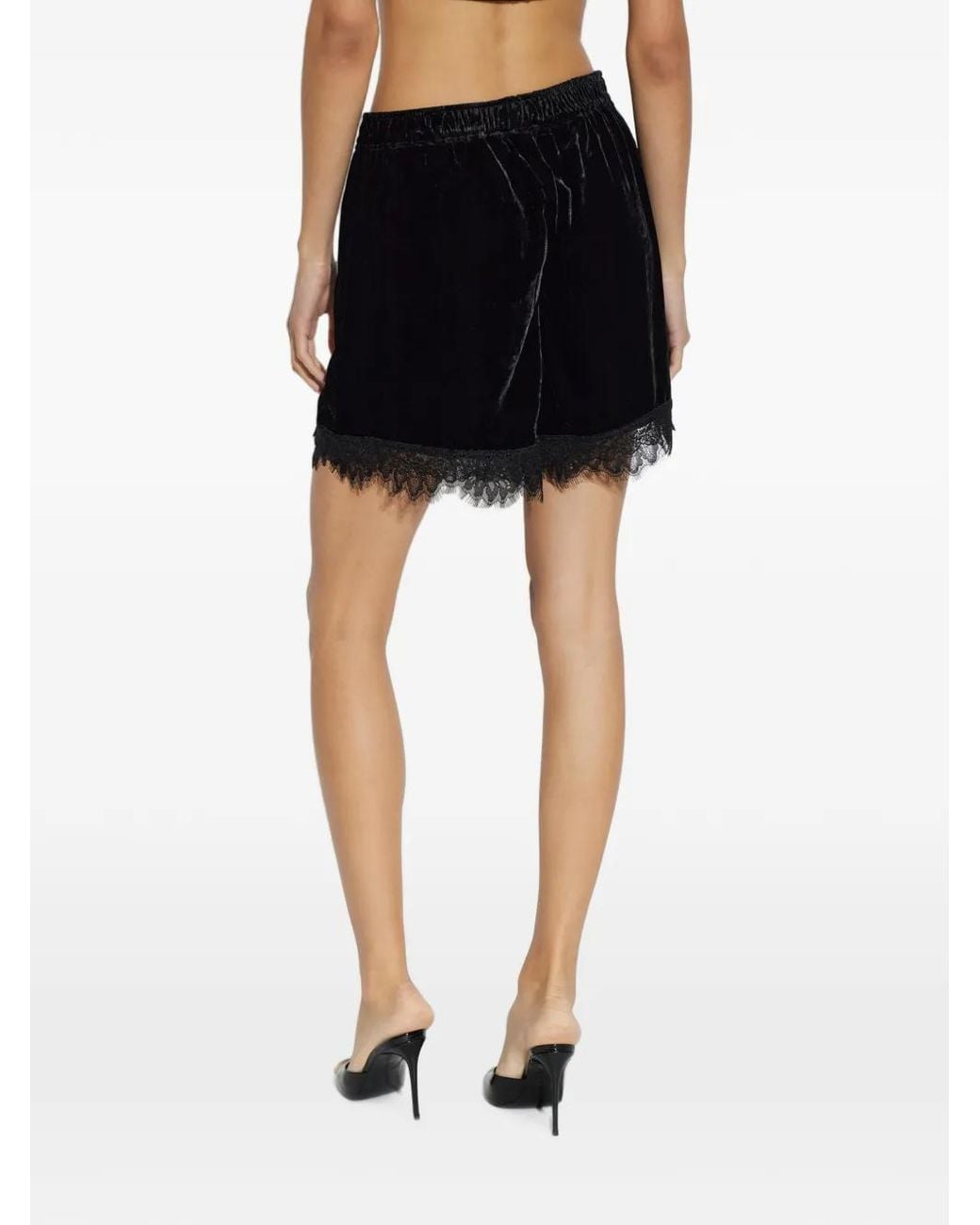 Ganni Black Lace-Trim Velvet Shorts