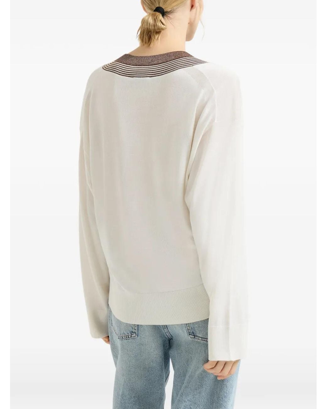 Pull Rayé À Col V Brunello Cucinelli en coloris White