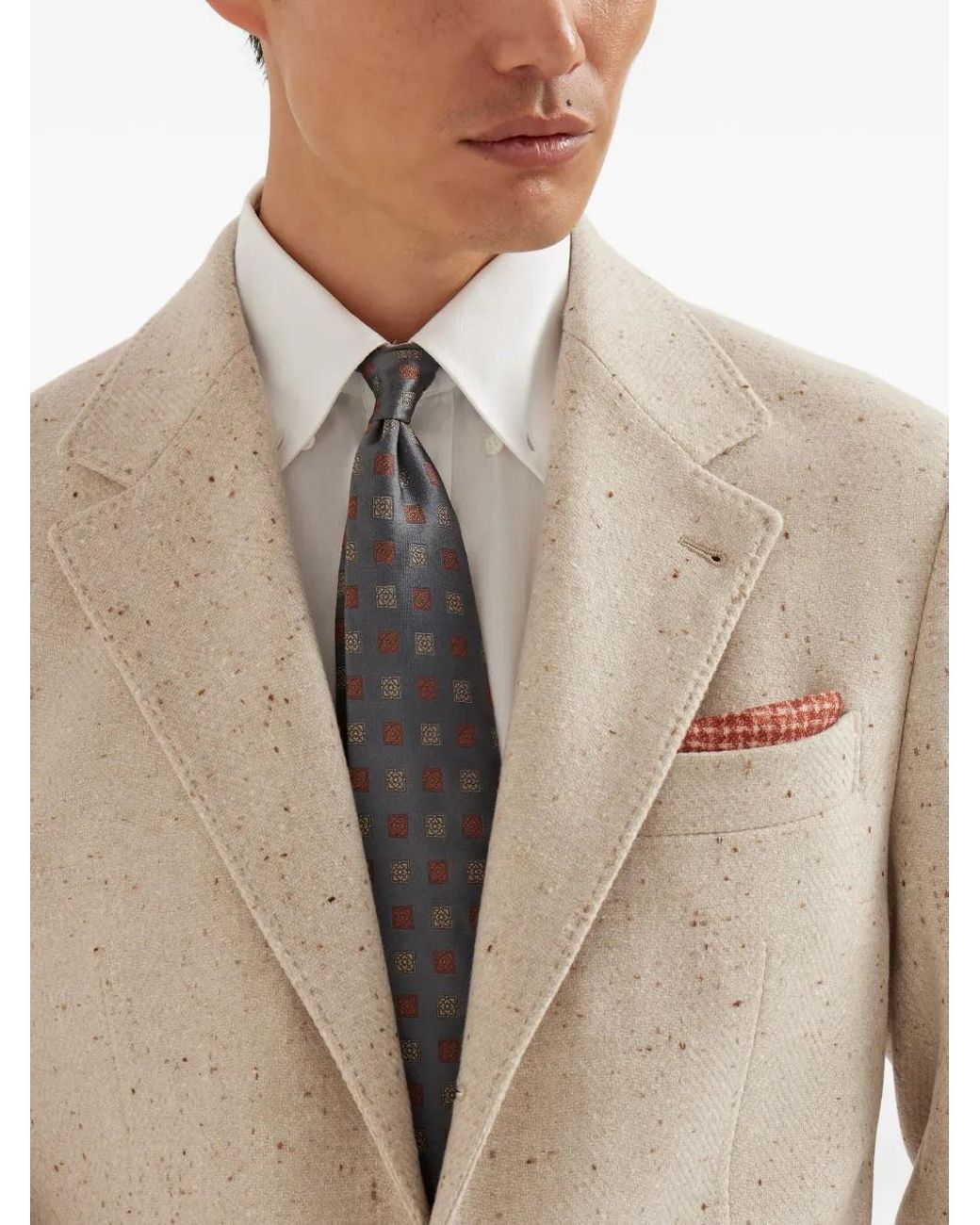 Brunello Cucinelli White Square-Patterned Silk Tie for men