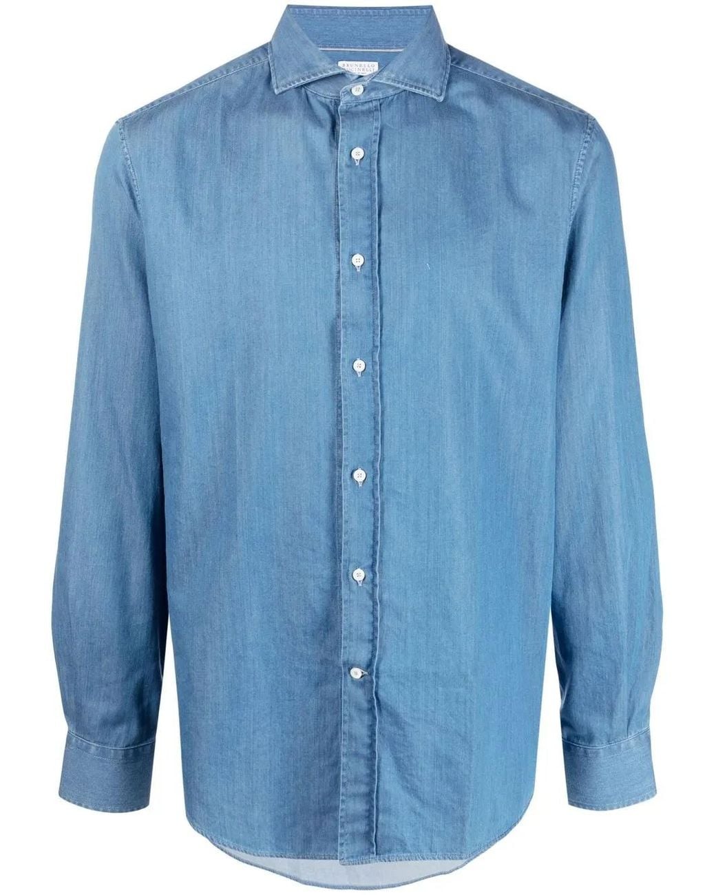 Brunello Cucinelli Blue Denim Cotton Shirt for men