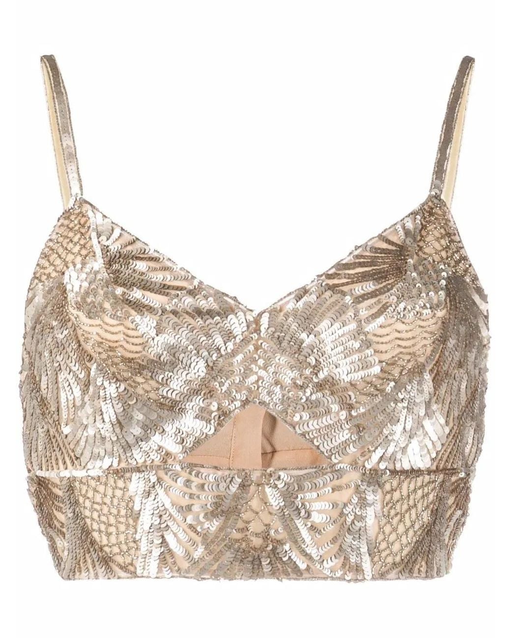 Alberta Ferretti Natural Sequin-Embellished Cropped Top
