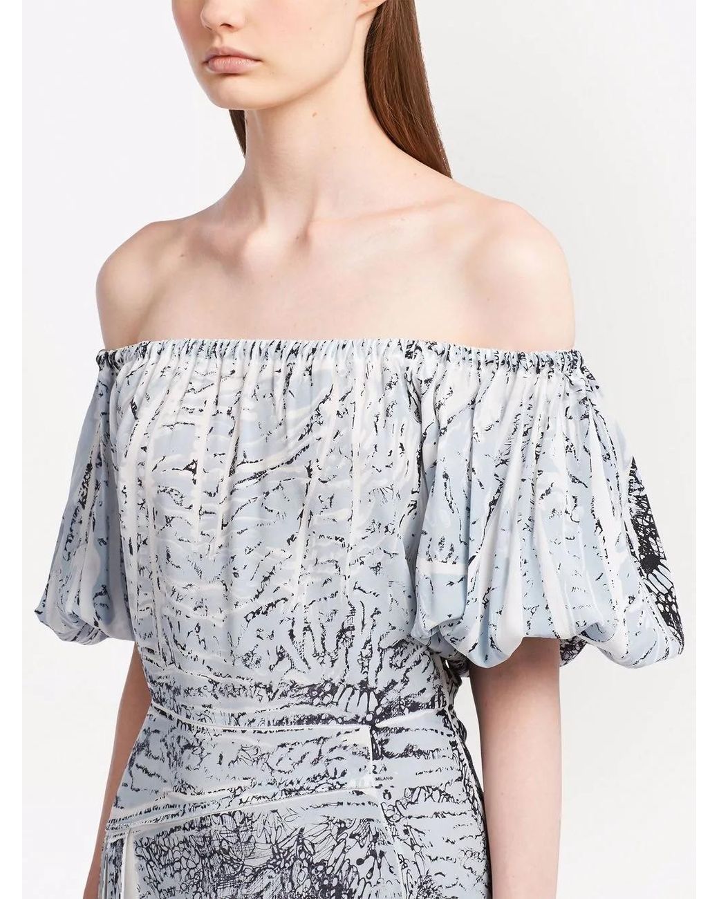 Prada Gray Coral-Print Silk Midi Dress