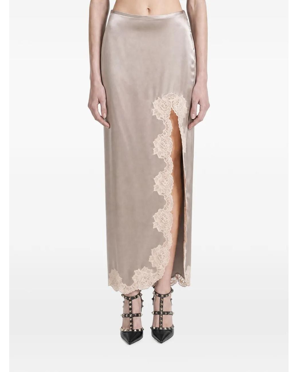 Valentino Garavani Natural Lace-Trim Slit Maxi Skirt