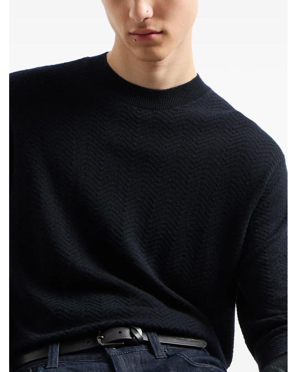 Emporio Armani Blue Chevron-Knit Sweater for men