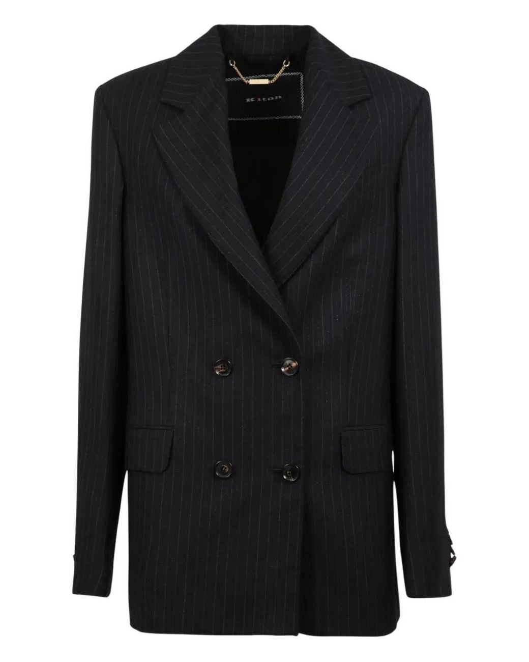 Kiton Black Pinstriped Double-Breasted Blazer