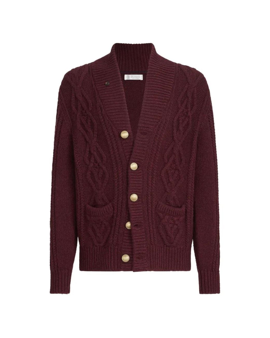 Brunello Cucinelli Purple Cashmere Feather-Yarn Cable-Knit Cardigan With Metal Buttons for men