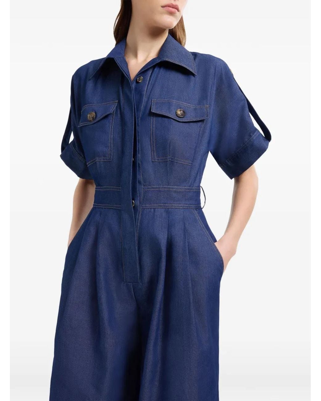Elie Saab Blue Short-Sleeve Denim Jumpsuit
