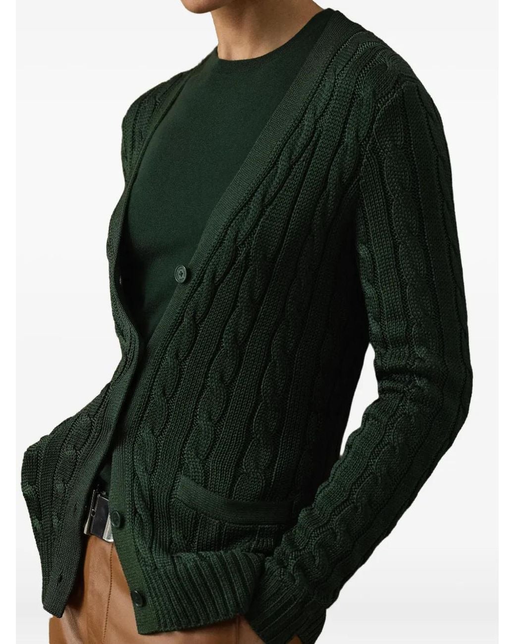Ralph Lauren Green Cable-Knit Silk Cardigan