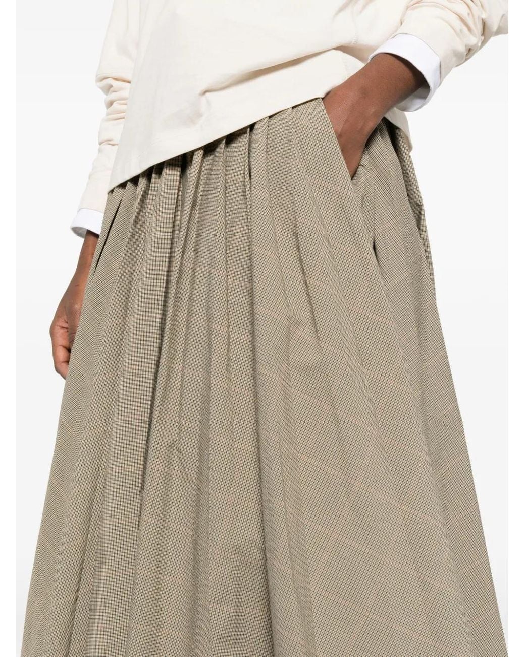 6397 Natural Plaid Pleated Midi Skirt