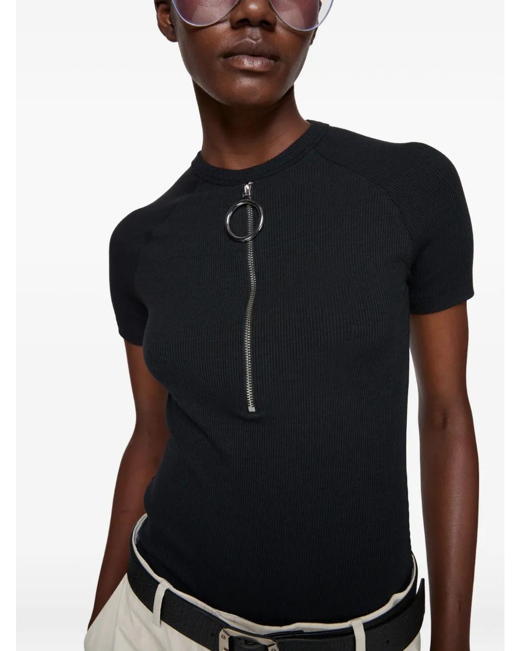 Acne Black Ribbed T-Shirt With Zipper
