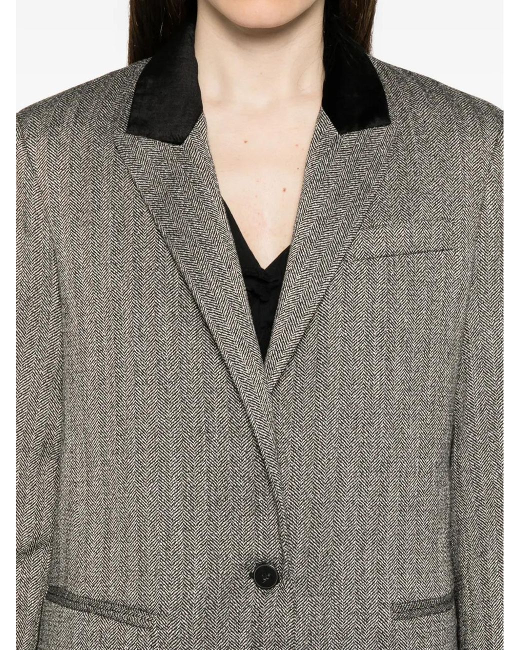 Forte_forte Gray Chevron-Pattern Velvet-Collar Blazer