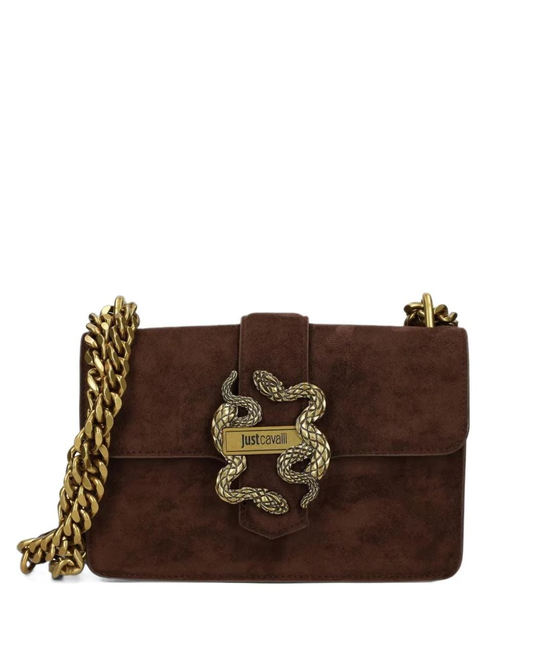 Just Cavalli Brown Snake-Plaque Chain-Strap Cross Body Bag