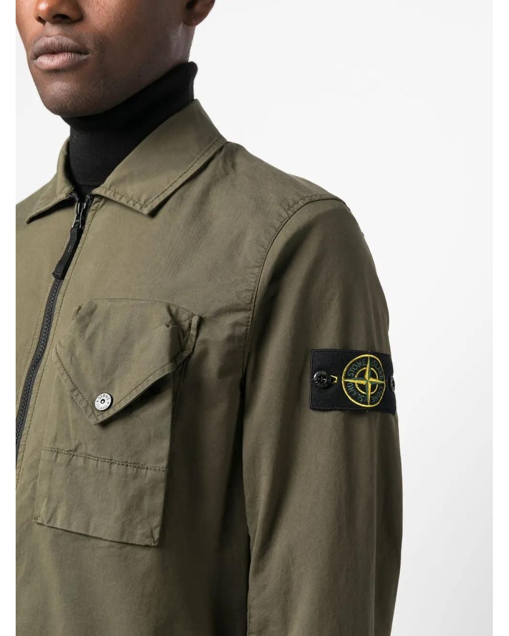 Stone Island Green Compass-Patch Zip-Up Overshirt for men