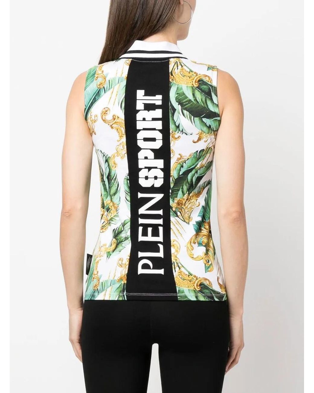Philipp Plein Green Floral Sleeveless Polo Shirt