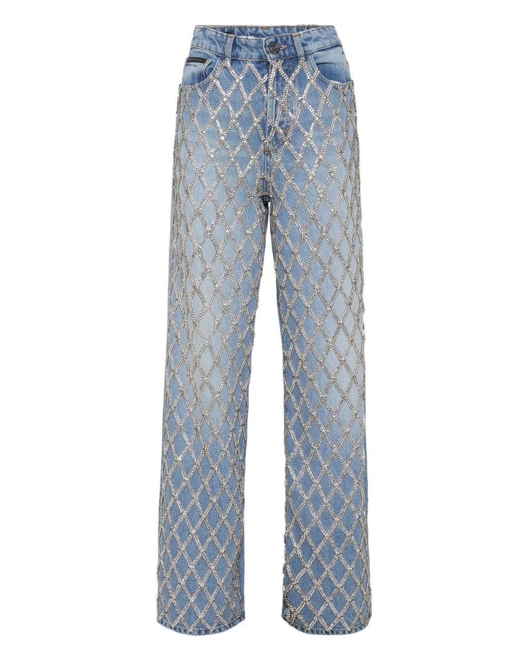 Philipp Plein Blue Skater Rhinestones Embellishment Jeans