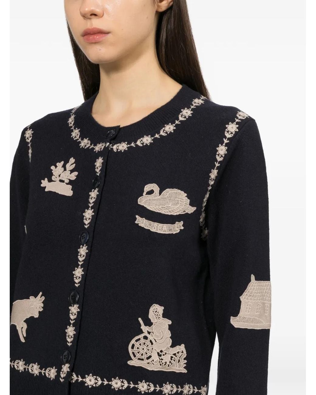 Sea Black Embroidered Intarsia-Knit Cardigan