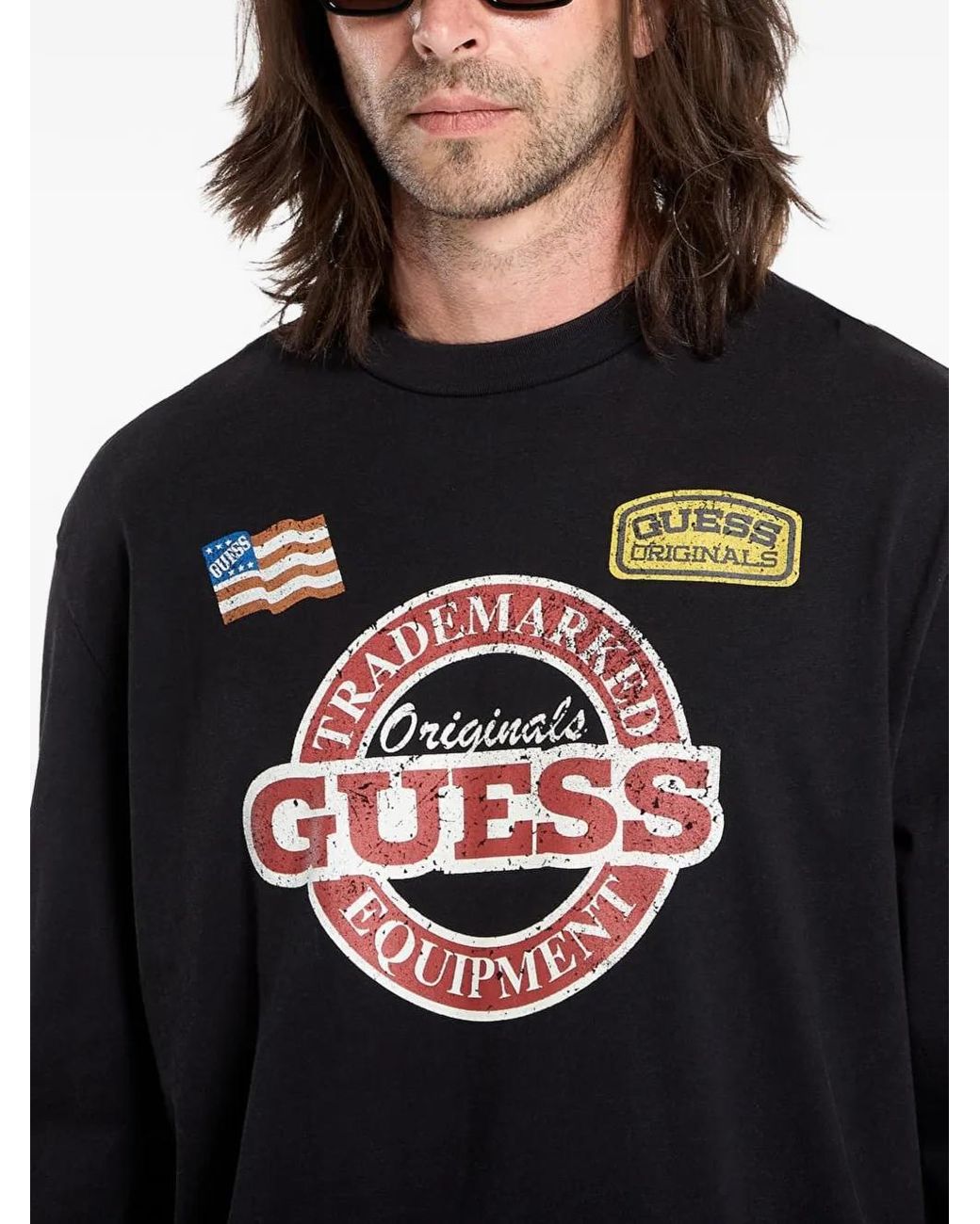 Guess Black Graphic-Print Long-Sleeve T-Shirt for men