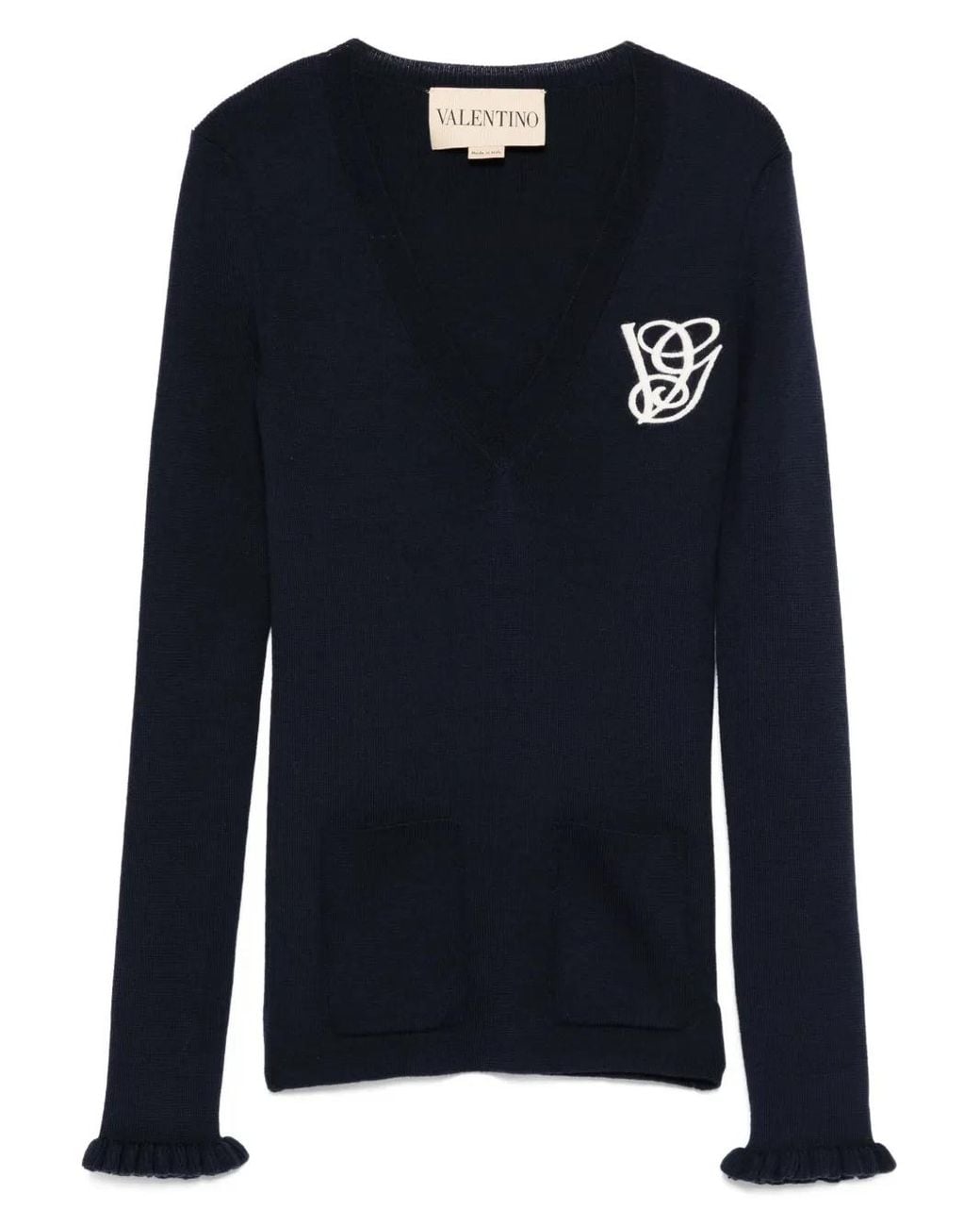 Valentino Garavani Blue Ruffled V-Neck Wool Sweater