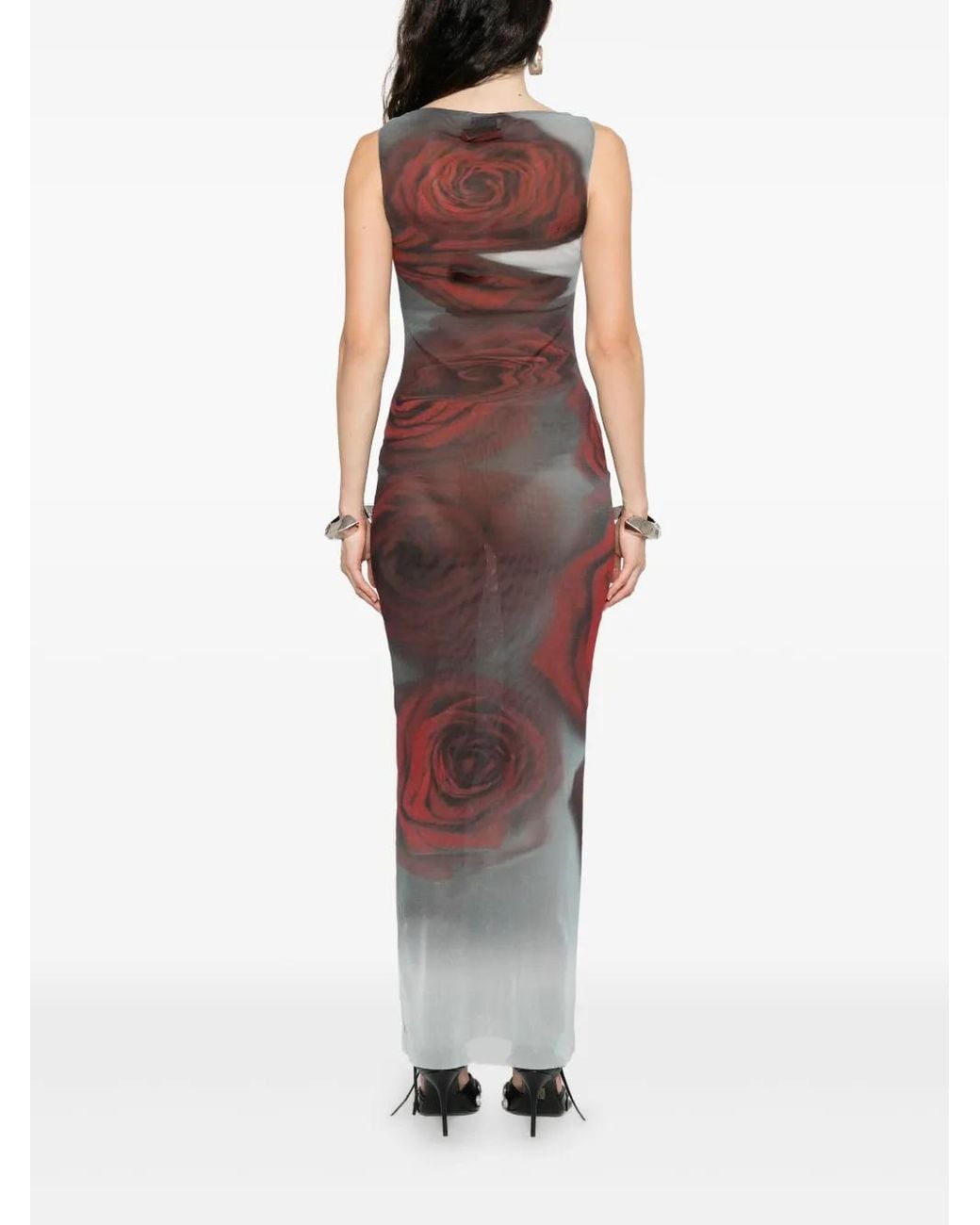 Jean Paul Gaultier Purple Dark Blurry Roses Print Sleeveless Tulle Maxi Dress