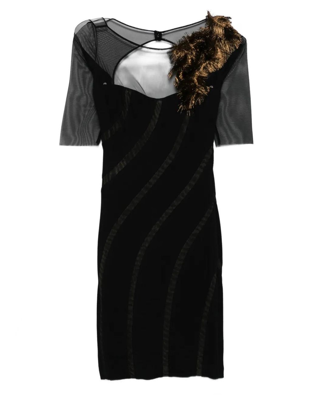 Gemy Maalouf Black Feather-Embellished Sheer-Panelled Dress