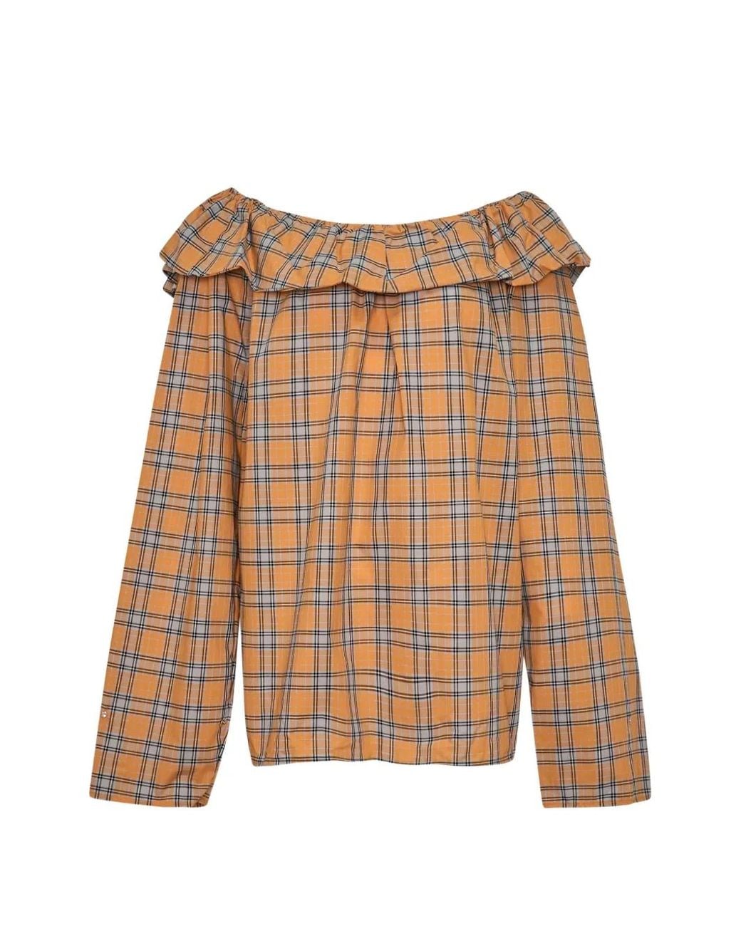 MSGM Brown Check Ruffled-Detail Blouse