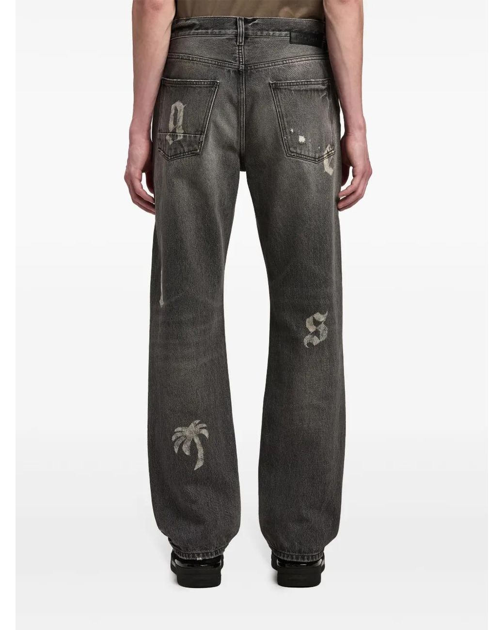 Palm Angels Gray Logo-Patch 5 Pockets Loose Jeans for men