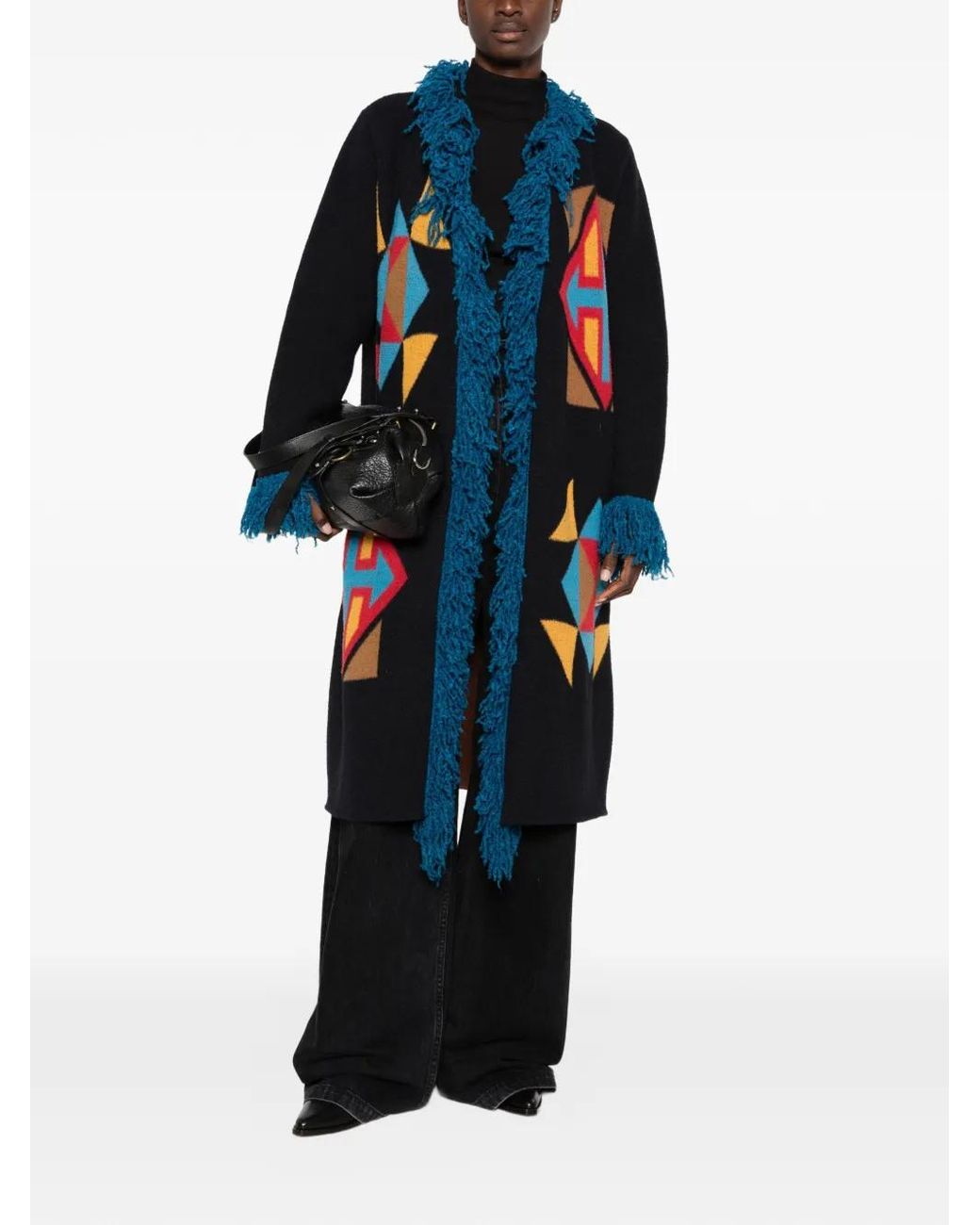Akep Red Geometric-Pattern Fringed Coat