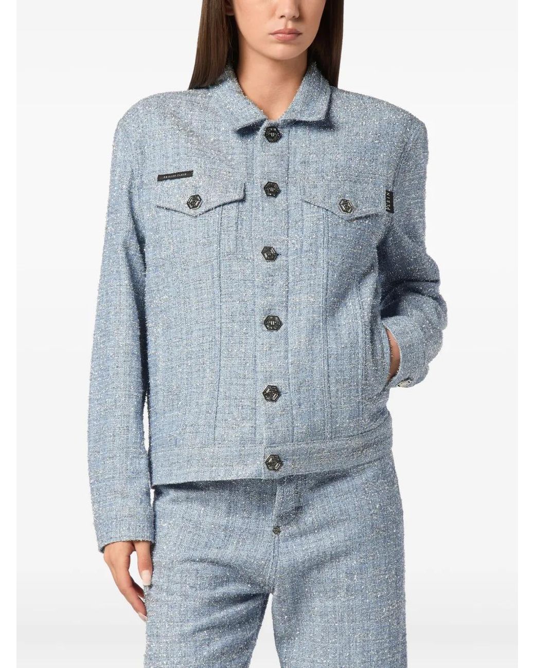 Philipp Plein Blue Tweed Cropped Jacket