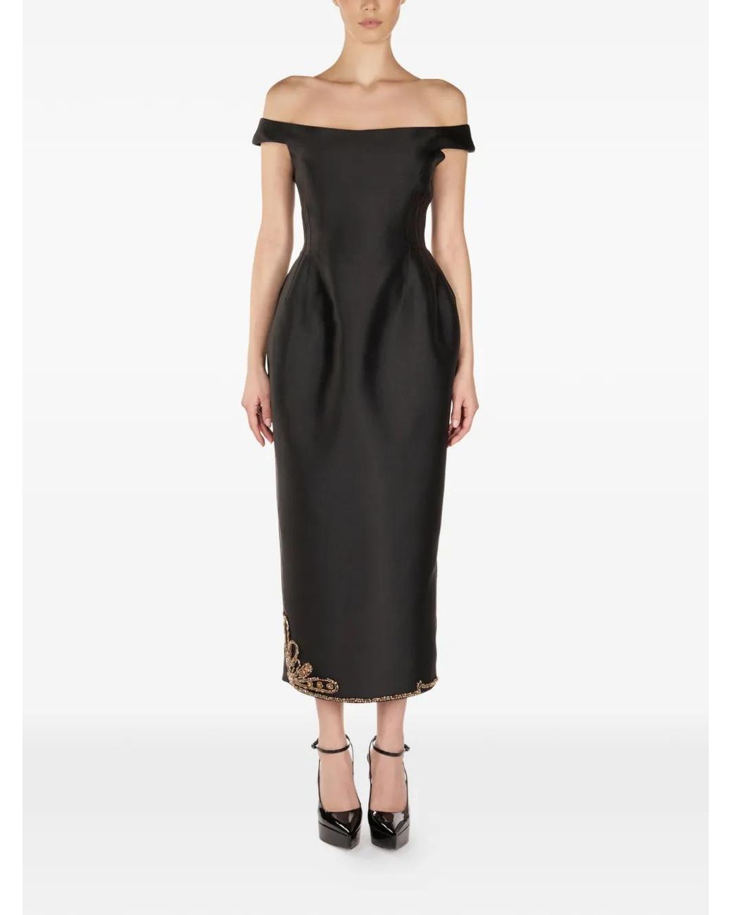ARAFTU Black Off-Shoulder Embellished Midi Dress