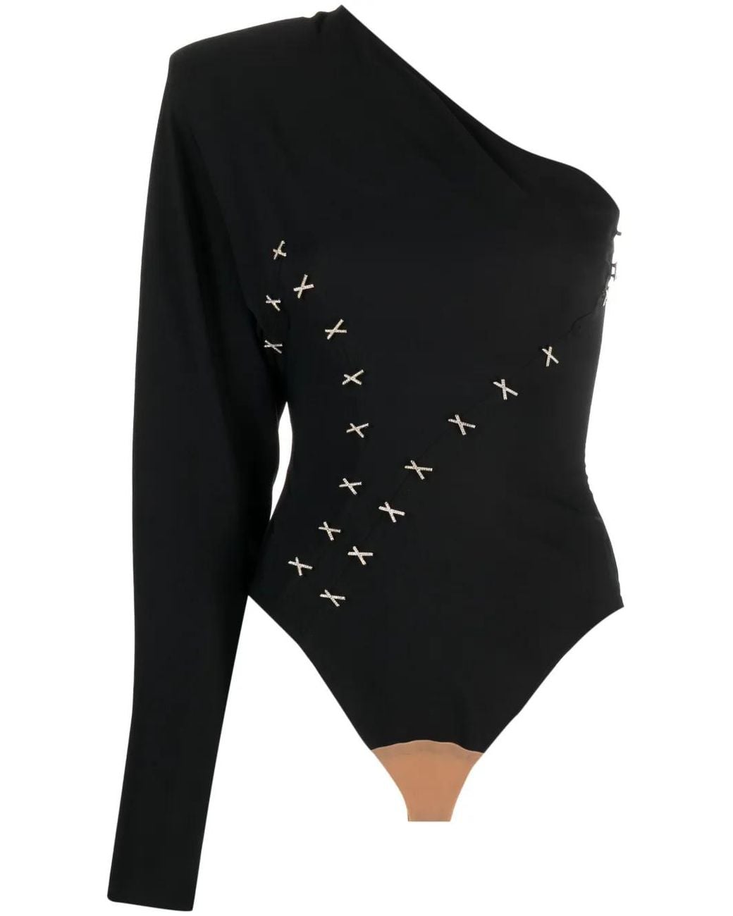 Genny Black Appliqué-Detailing One-Shoulder Bodysuit