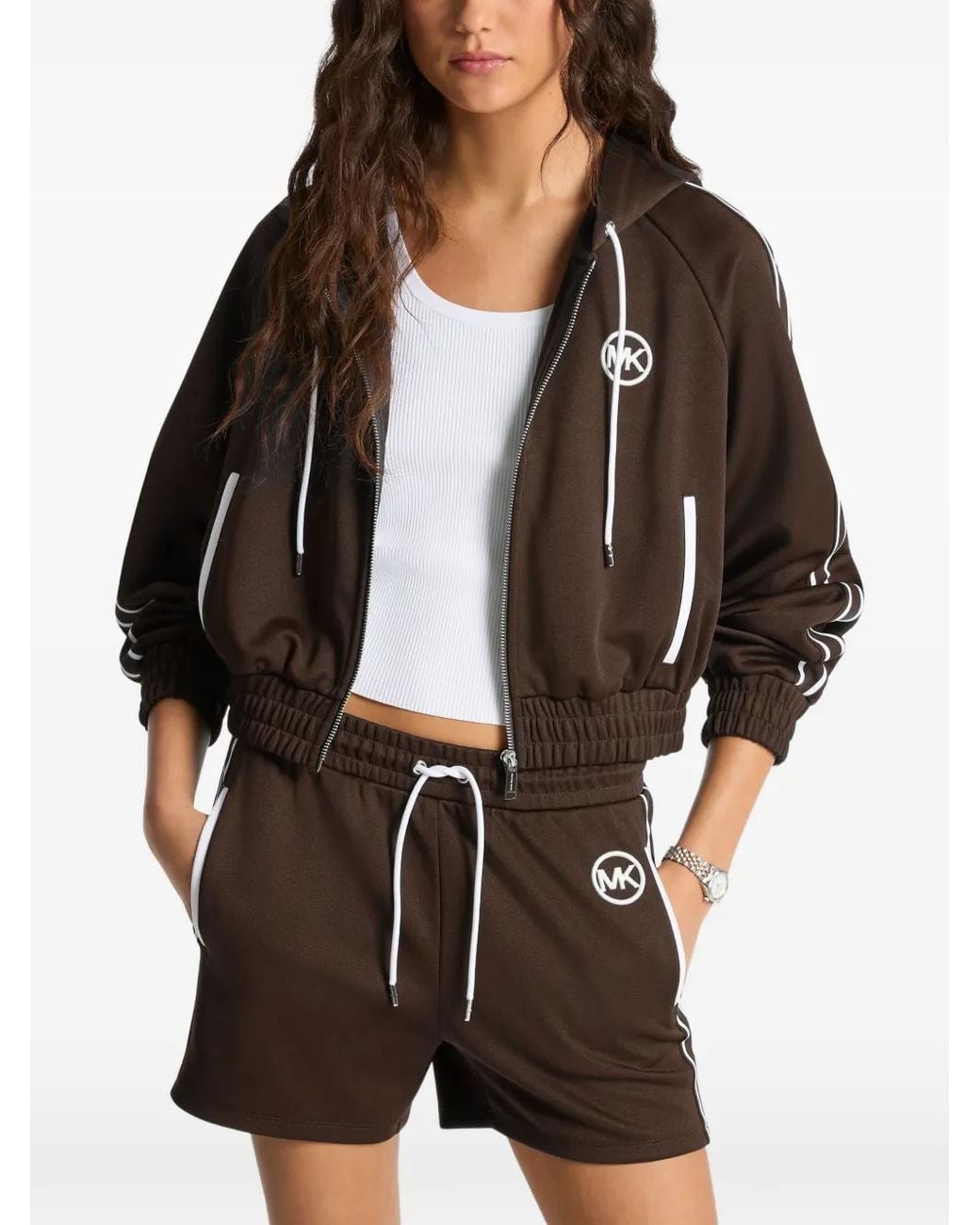 Michael Kors Brown Piqué Contrast Zip-Up Track Jacket