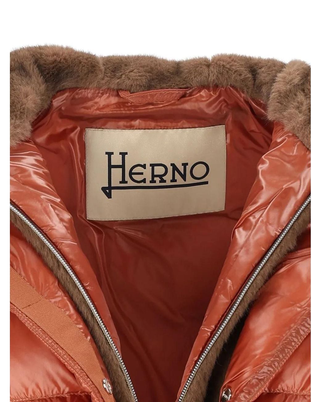 Herno Orange Quilted Faux-Fur Trim Coat