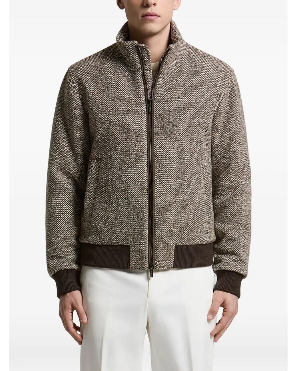 Peserico Brown Herringbone-Pattern Bomber Jacket for men