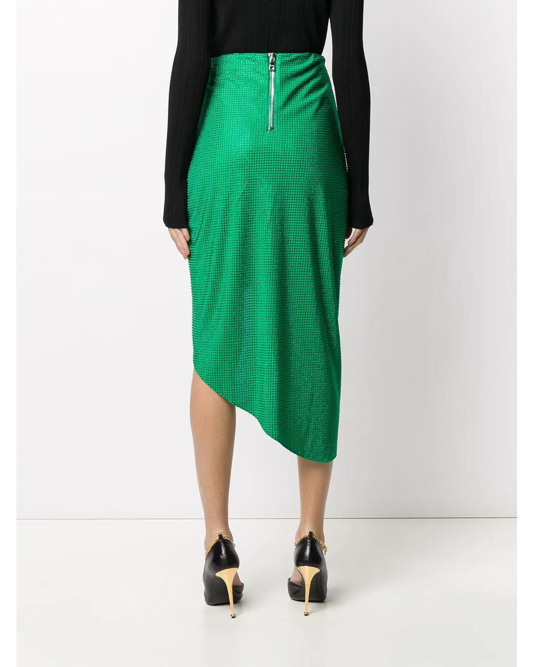 Balmain Green Polka-Dot Ruched Midi Skirt