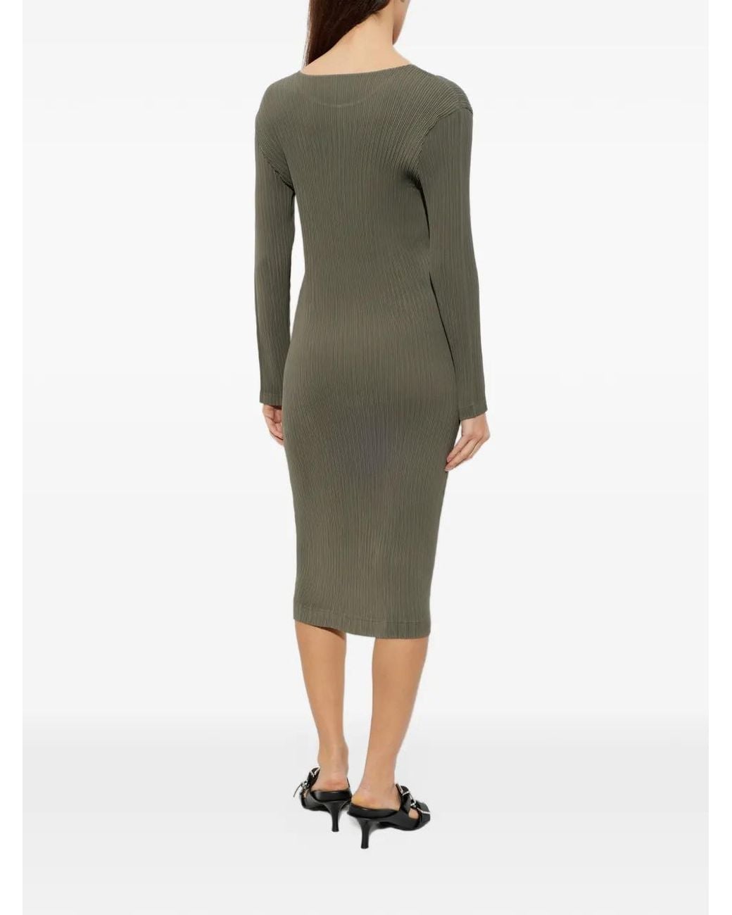 Issey Miyake Green Pleated Long-Sleeve Midi Dress
