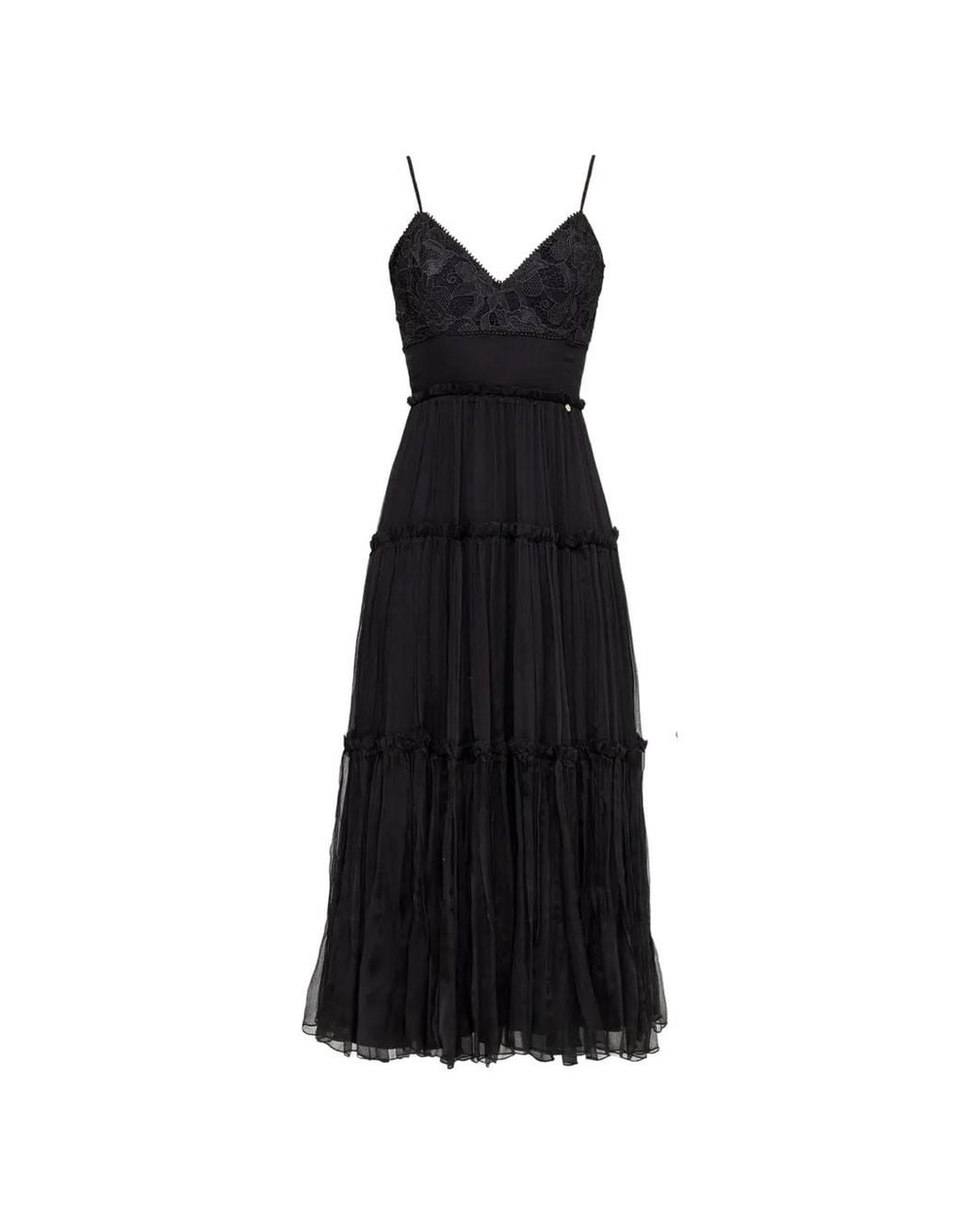 Nissa Black Floral-Embroidered Silk Midi Dress