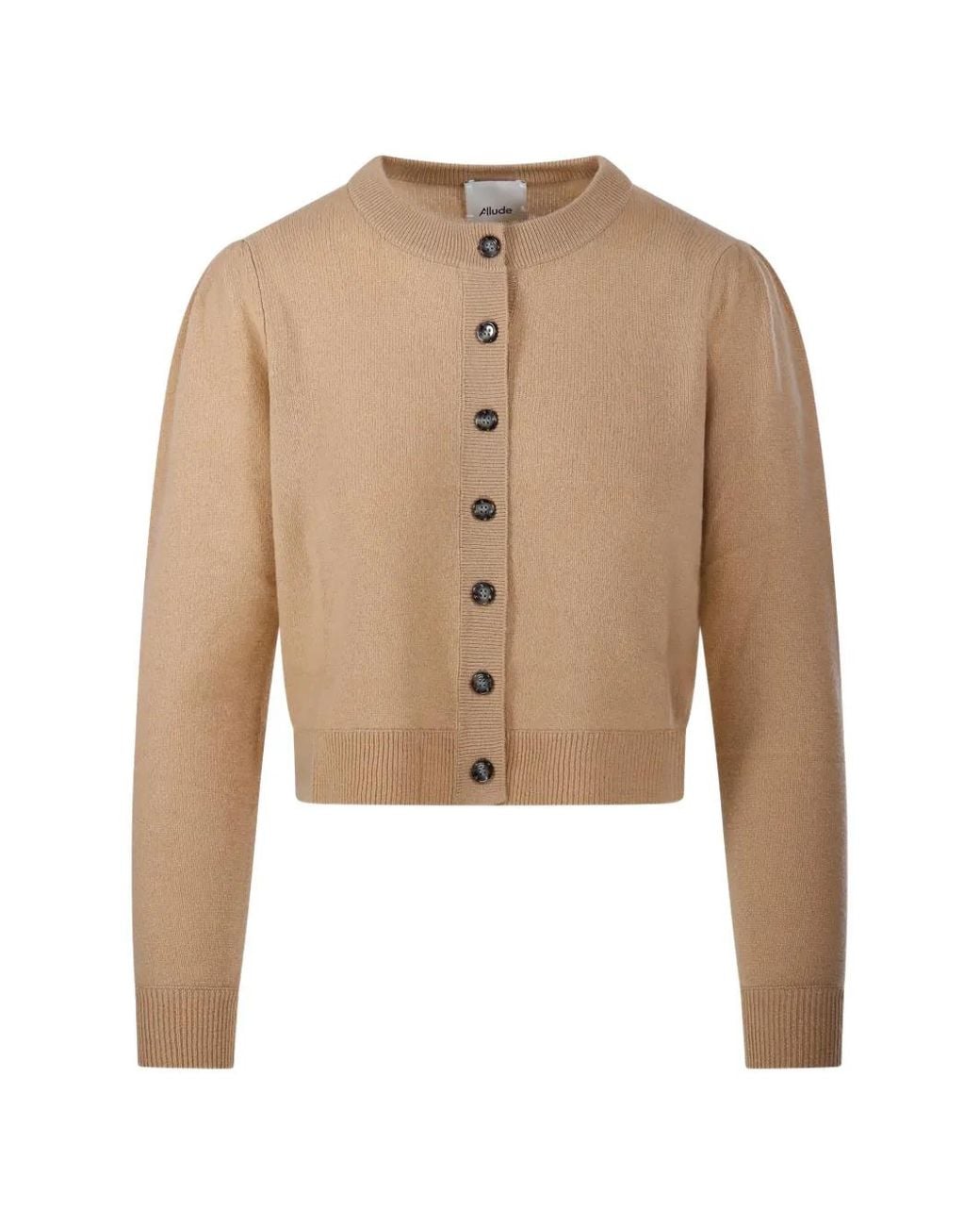 Allude Natural Button-Up Puff-Sleeve Cardigan