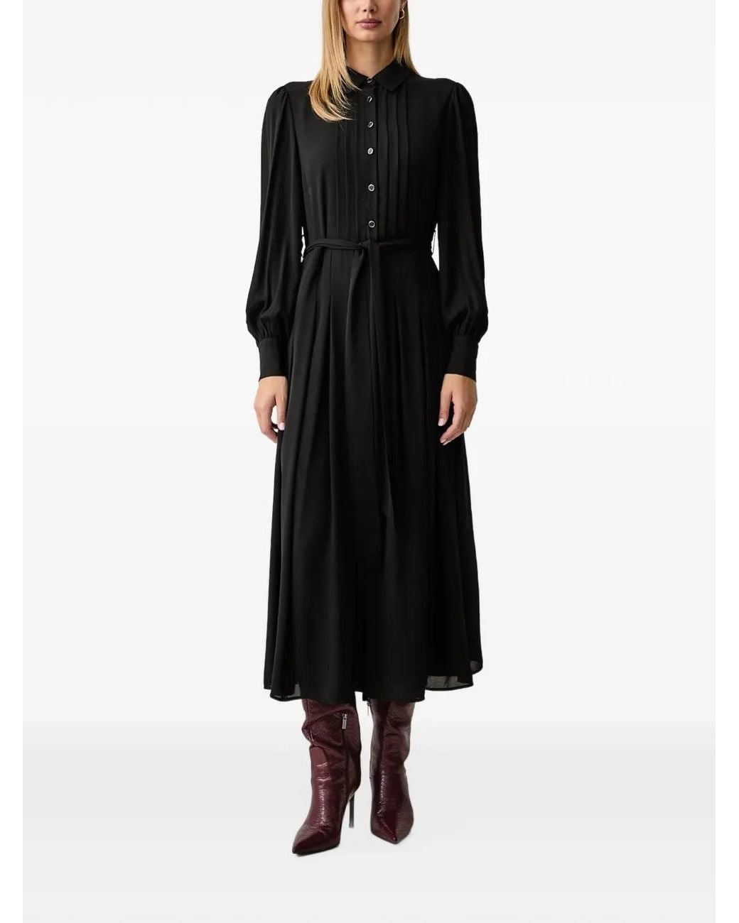 Fracomina Black Belted Pleated Midi Dress